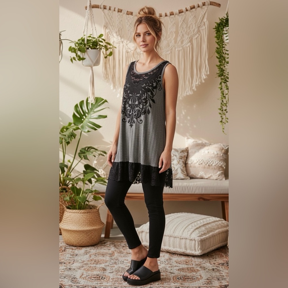 Vocal Embellish Boho Gray & Black Lace Hi-Lo Tunic Top Size L - Whimsigoth Style - Picture 2 of 9
